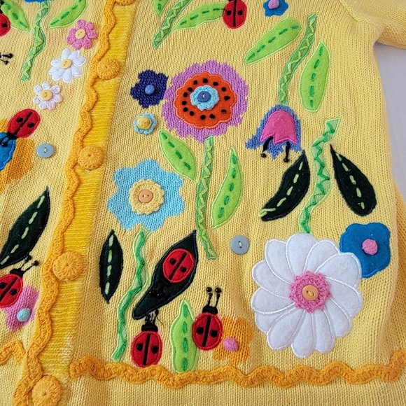 Berek by Takako Sakon Vintage Knit Yellow Crochet Garden Lady Bug Flower Top L - Picture 9 of 16